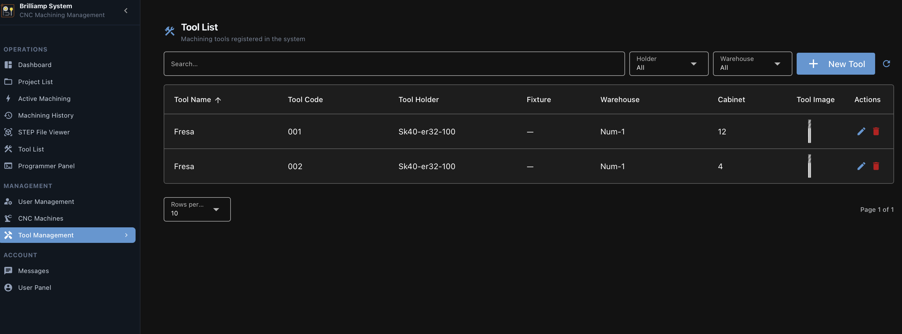 CNC machine management software screenshot