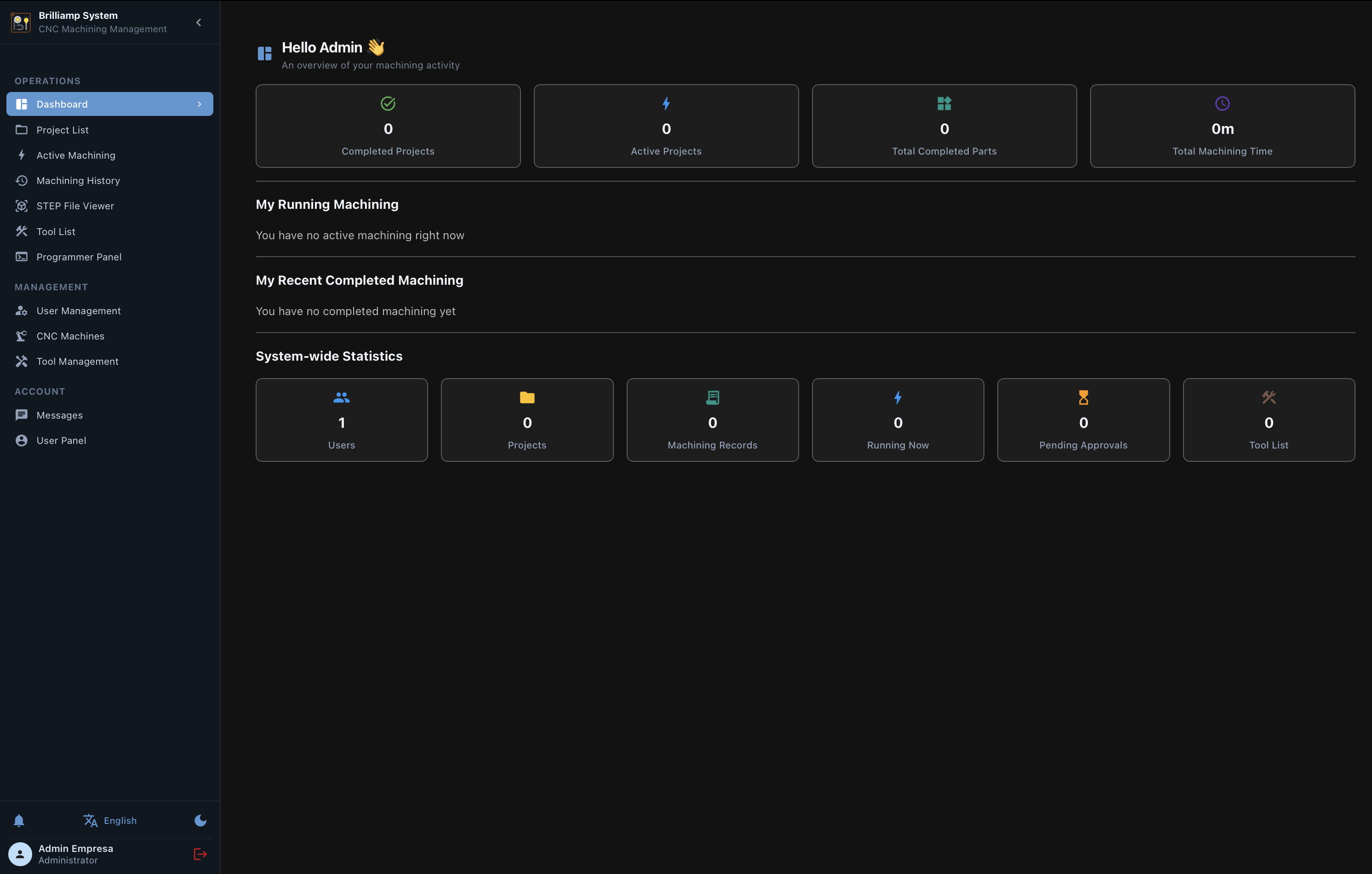 CNC machine management software screenshot
