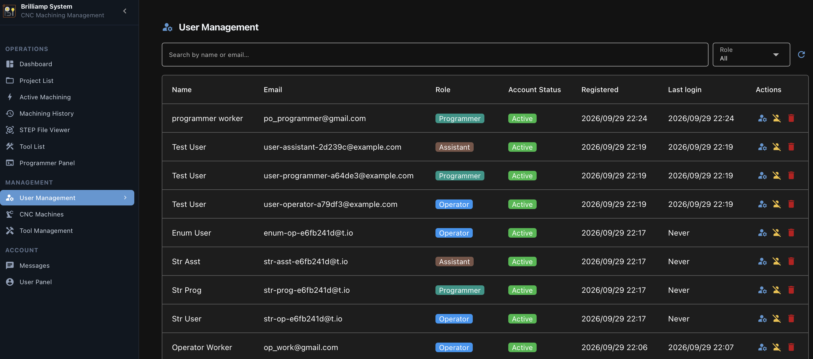 CNC machine management software screenshot