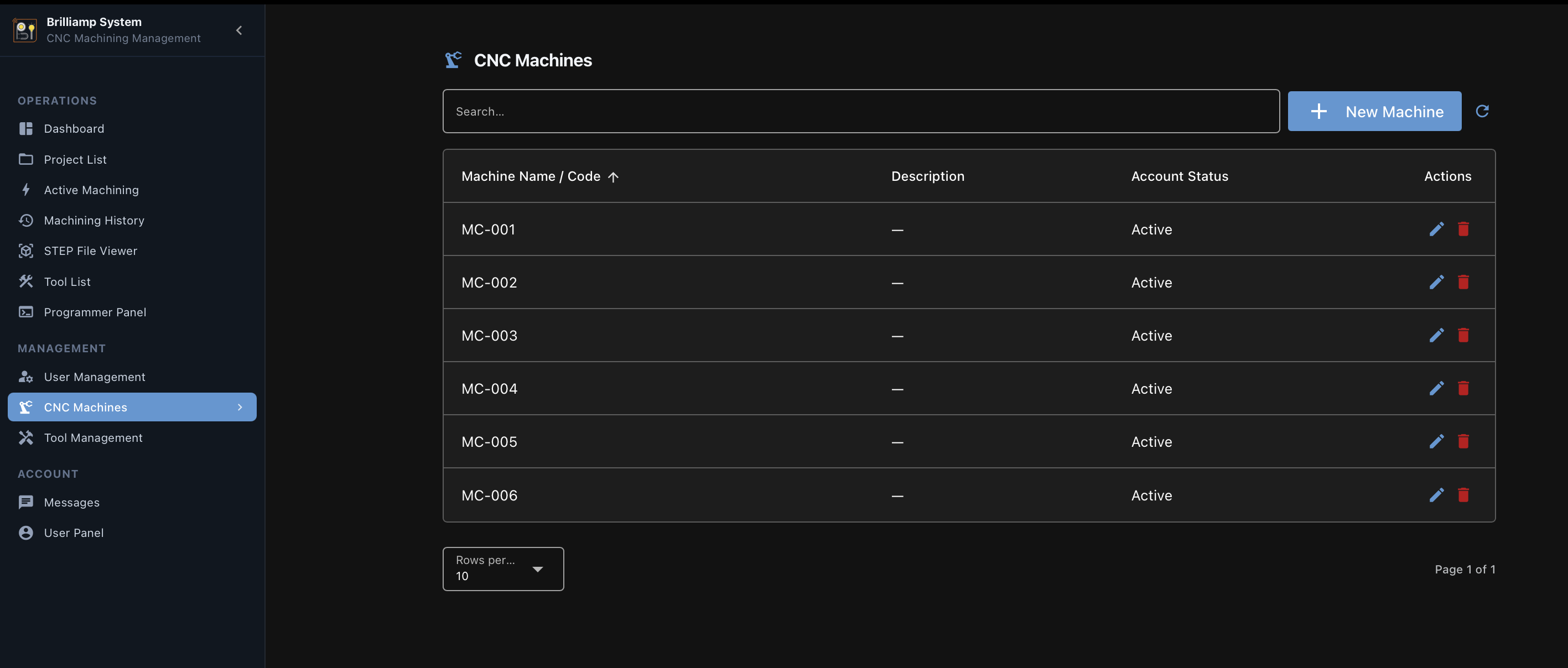 CNC machine management software screenshot
