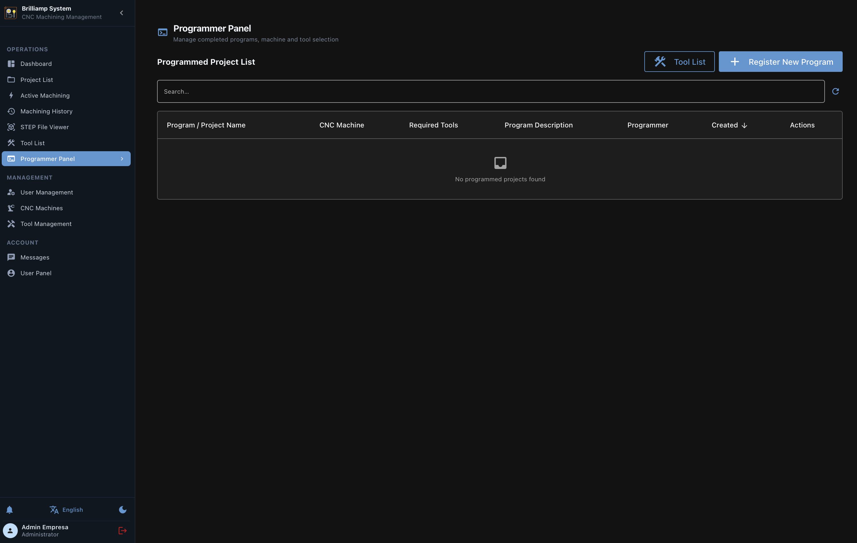 CNC machine management software screenshot